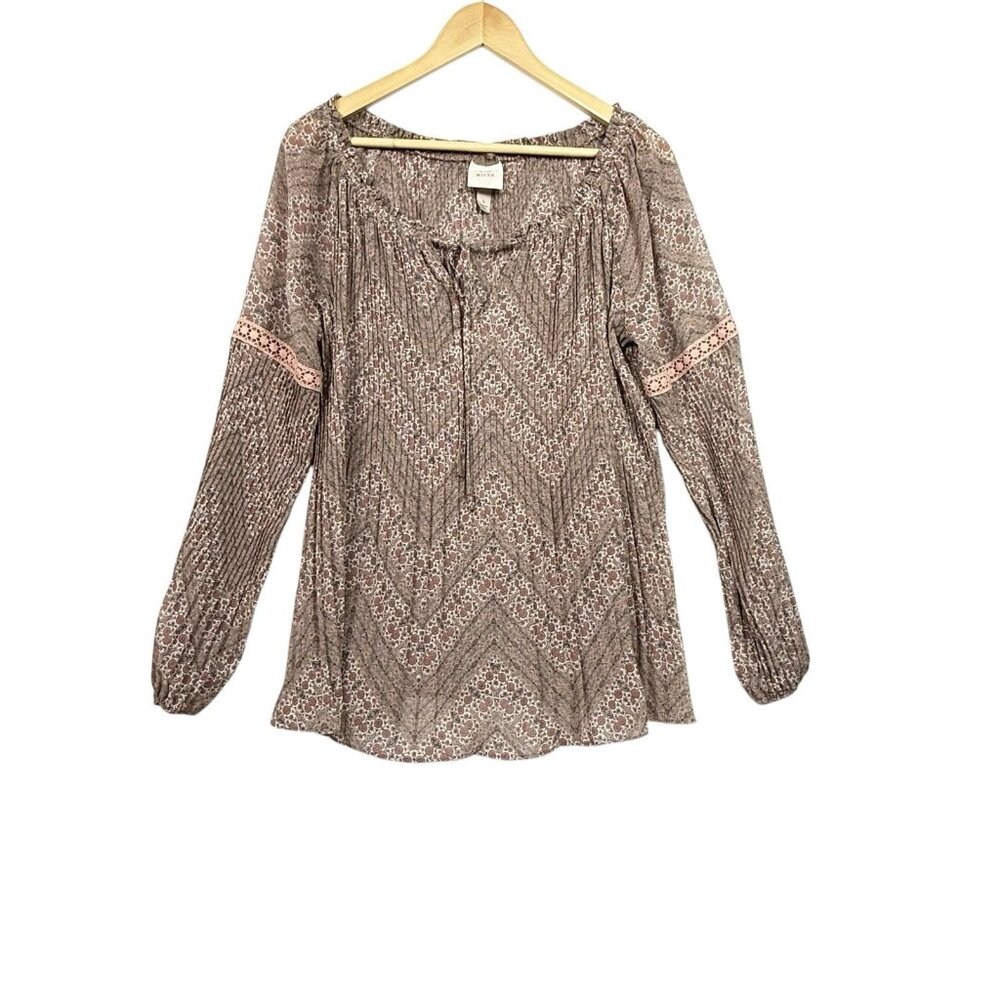 Knox Rose Top Large Floral Long Sleeve Lightweight Tie Neck Boho Accordion Pleat